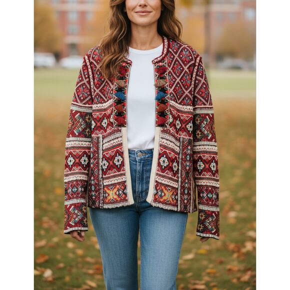 NEW Peck & Peck Wool Blend Tapestry Sweater Cardigan Sz L Tassel Hook Close Boho - Picture 13 of 14